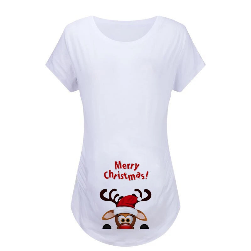 Christmas Womens Maternity T-shirt Santa Baby Printed Pregnant Women T Shirt Pregnancy Casual Short Sleeve T Shirt White Clothes
