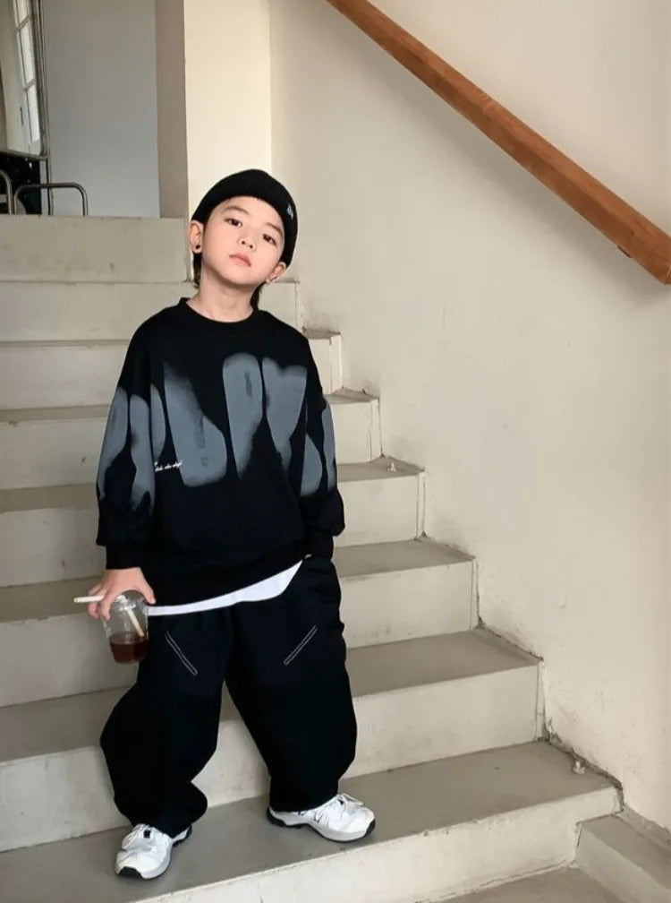 Boys' Medium To Large 2025 New Arrival No Hood Crewneck Spring/Autumn Trendy Street Style Kids Sweatshirt