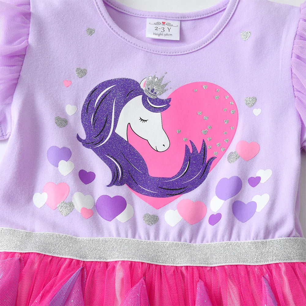 VIKITA Kids Short Sleeve Summer Dress Girls Unicorn Heart Design Dresses Kids Mesh Tulle Layered Cake Irregular Tutu Dresses