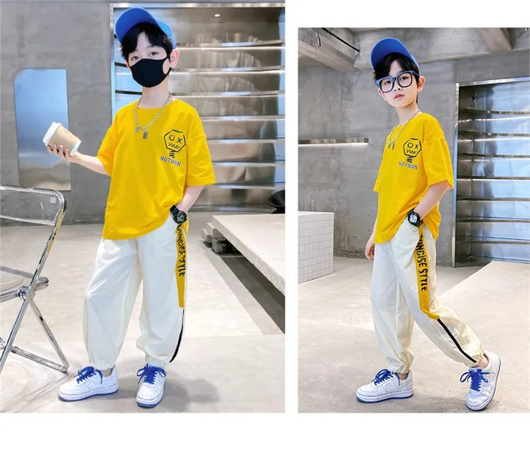 4-12 Years Teen Summer Boys Clothing Sets Fashion Letter Short Sleeve T-shirt Pants 2Pcs Suit For Kids Children Casual Outfits