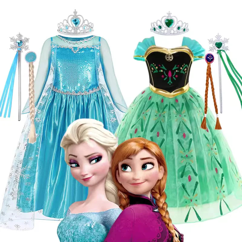 Disney Kids Girls Cosplay Frozen Elsa Anna Princess Dress Girl Mesh Ball Gown Carnival Birthday Clothes Snow Queen Elsa Costume
