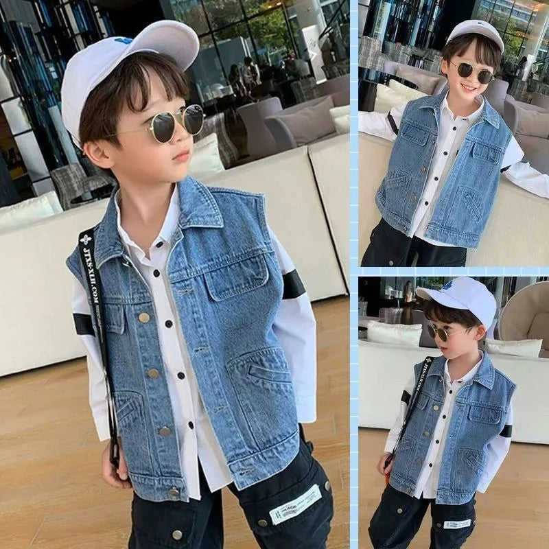 Kids Boys' Korean Style Denim Vest Jacket Spring Autumn Outerwear Versatile Stylish Kids' Clothing