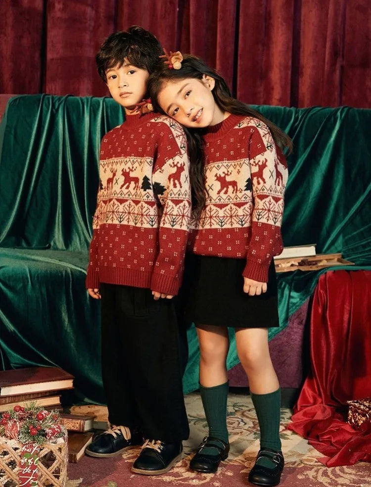 Kids' Christmas Thickened Fleece-Lined Pullover Sweater - Korean Style Warm Baby Boy & Girl Red Holiday Knitwear for Toddler