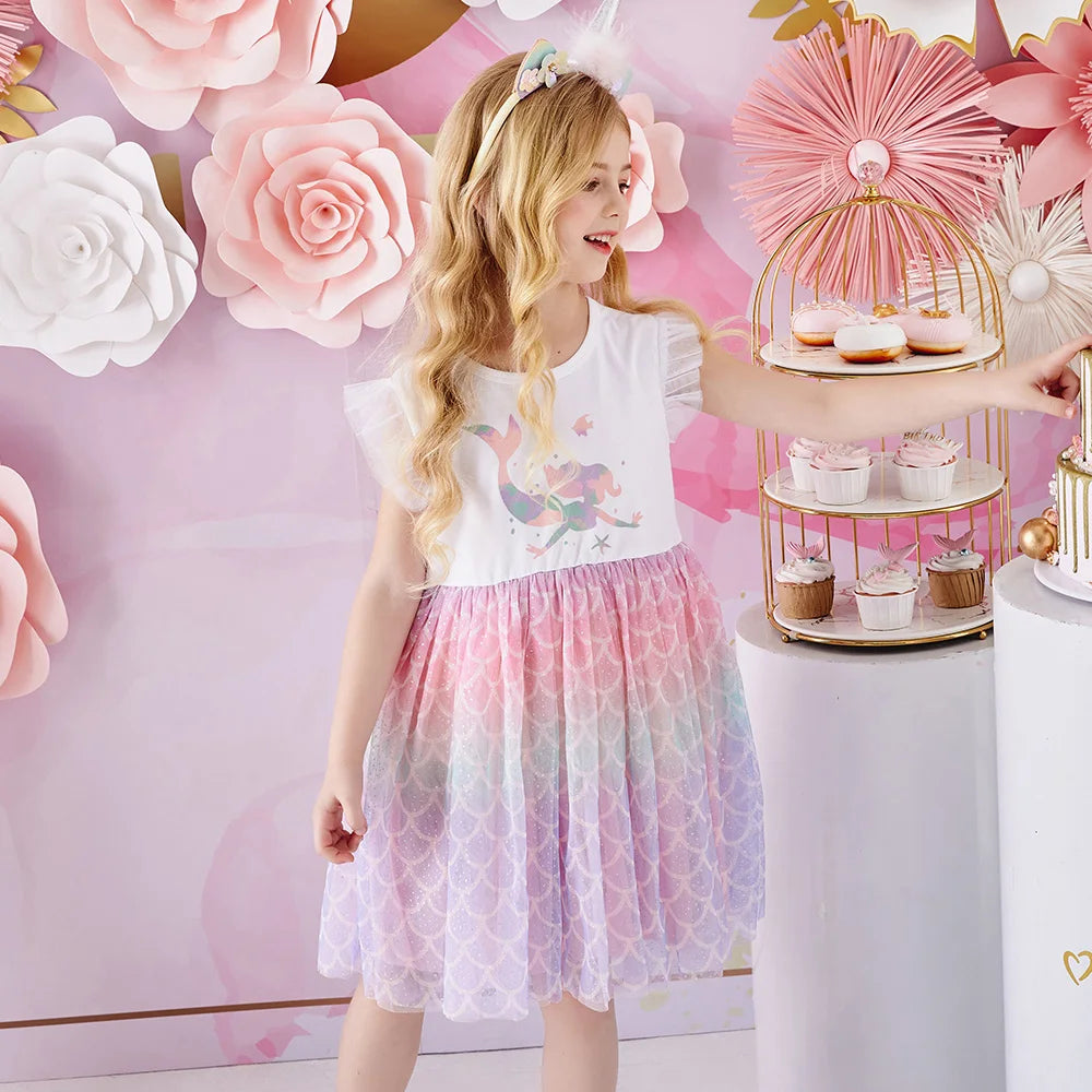 VIKITA Kids Mermaid Print Cartoon Dress Girls Gradient Vacation Birthday Party Casual Princess Flare Sleeve Summer Dresses 3-8 Y