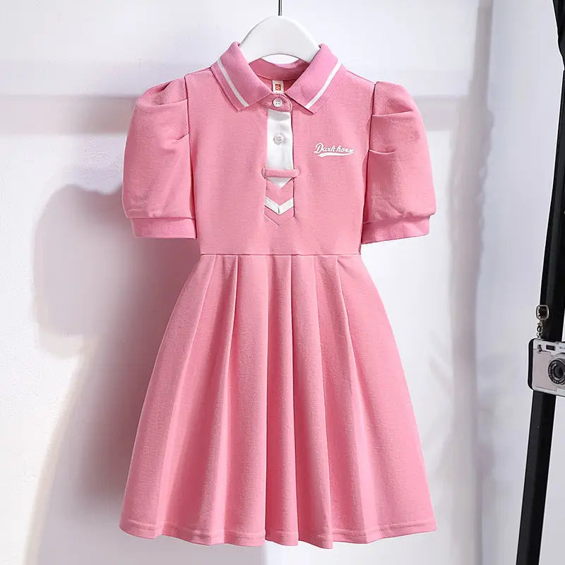 4-9Years Children Summer Dress Turn-Down Collar Girls Short Sleeve Solid Color Letter School Style Fashion Kid Dress