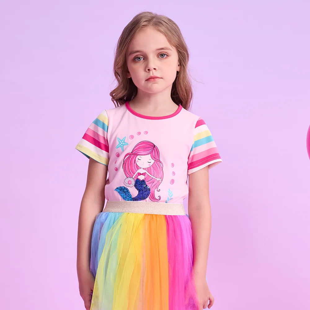 VIKITA Girls Mermaid Print Cartoon T Shirt Kids O Neck Summer Short Sleeve T Shirts Girls Pink Cotton Casual Tops and Tees Wear