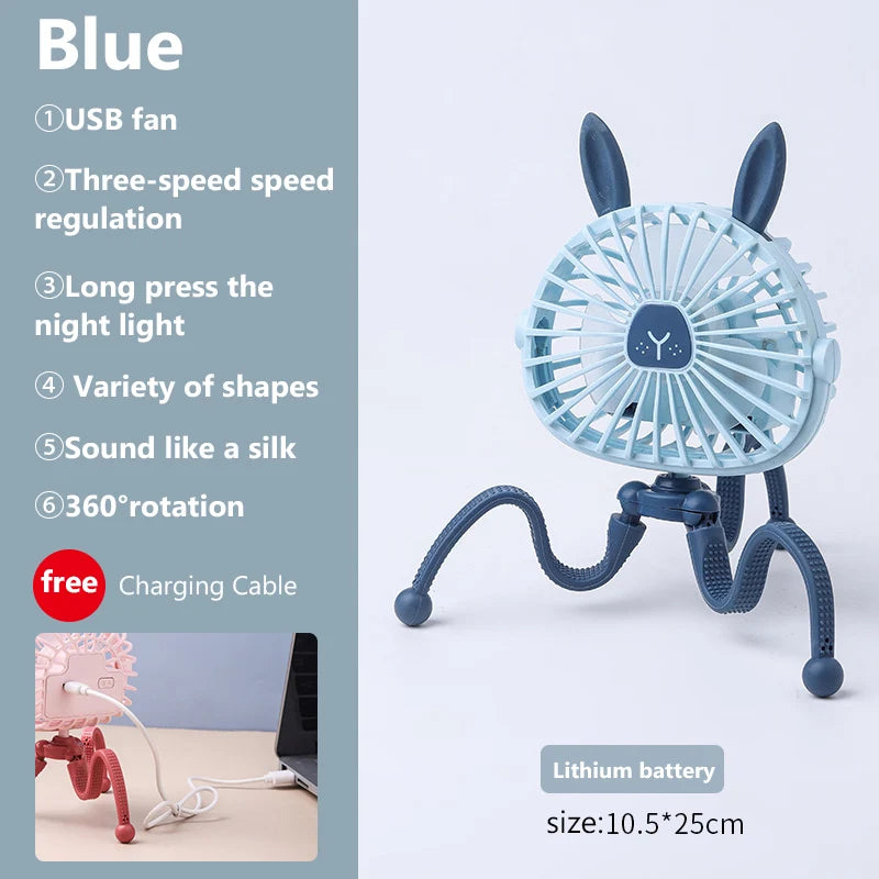 Baby Stroller Cooling Fan, Portable Fan with Tripod Clip on, Handheld Fan USB Rechargeable for Bed, Car Seat, Travel, Camping