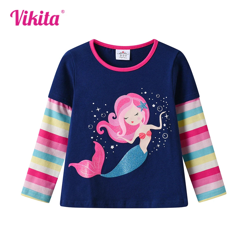 VIKITA Girls Long Sleeve Cotton Casual Tops and Tees Toddlers Mermaid Cartoon Print Navy Blue Spring Autumn Daily Cute Clothes