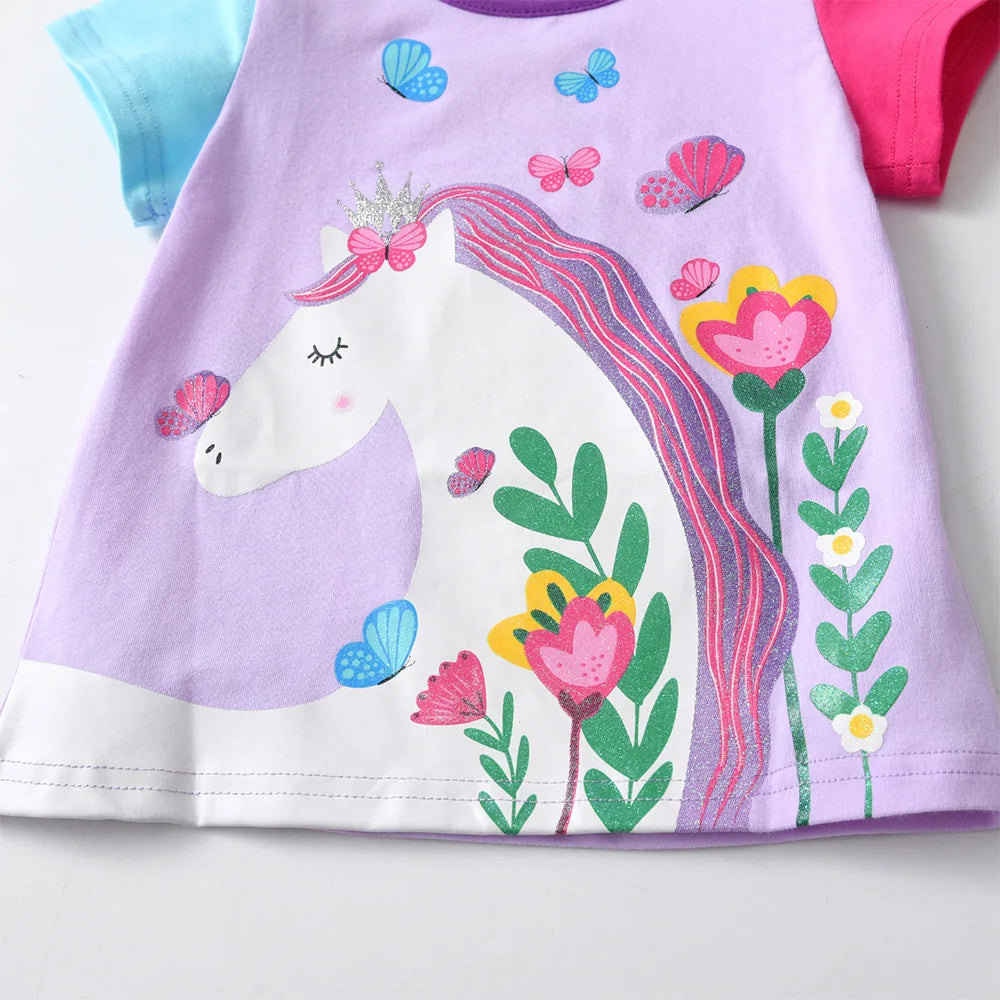 VIKITA Girls O Neck Short Sleeve Summer T Shirt Kids Unicorn Flower Cartoon Print T Shirts Girls Daily Cotton Casual Tops Wear