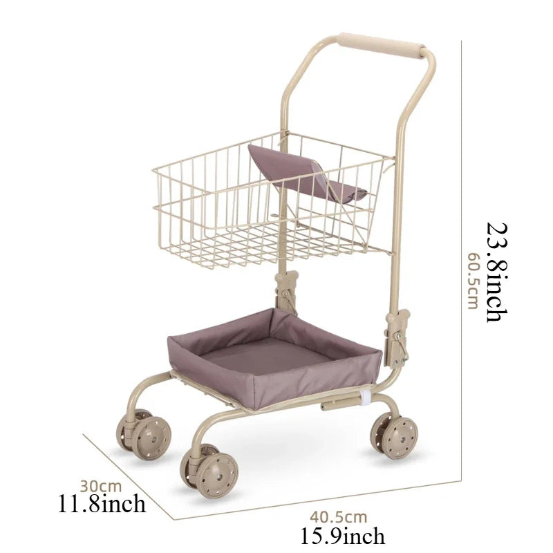 Girls Toy Shopping Cart with Sturdy Metal Frame Foldable Doll Trolley with Storage Basket Pretend Play Gifts for Kids Toddler