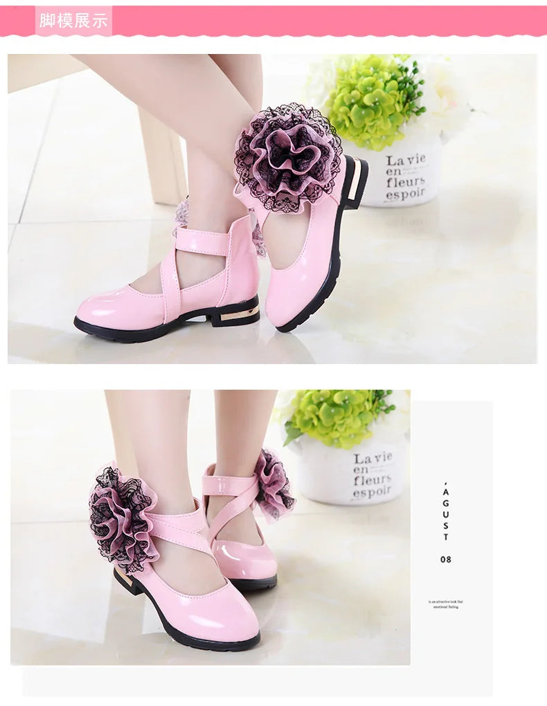 Kids Shoes Girls High Heel Princess Flower Shoes Fashion Children Shoes Leather Fashion Girls Party Dress Wedding Dance