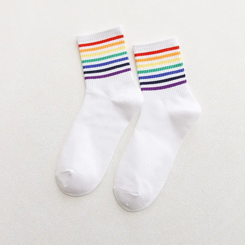 Socks Womens Medium Tube Autumn Ins Trendy Thin Ttriped Rainbow Socks Japanese Cute Candy Color High Top Stocking