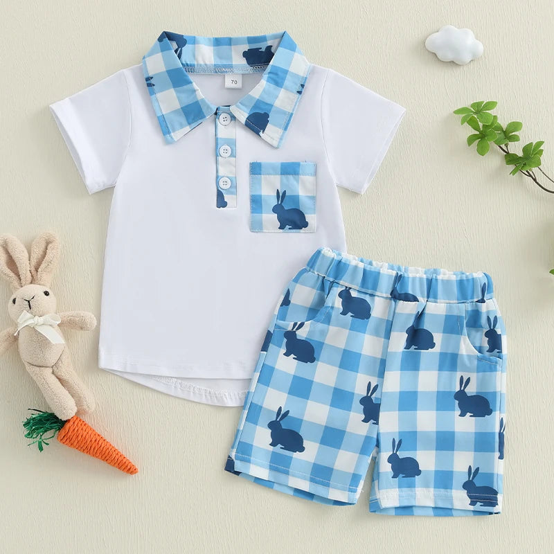 Boys Stylish Plaid Outfit Set with Short Sleeve Lapel Neck Half Button-up Top and Elastic Waistband Shorts for Summer
