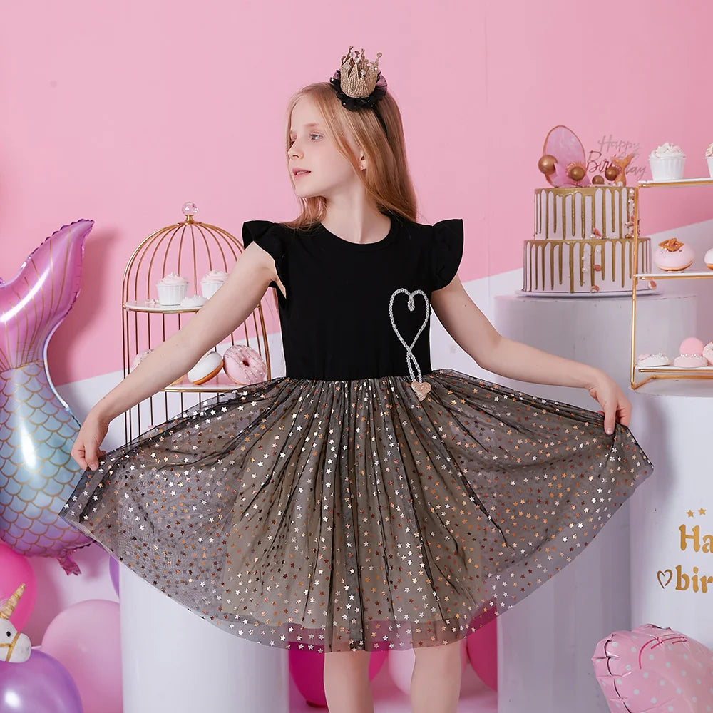 VIKITA Girls Prom Gown Birthday Party Performance Festival Elegant Sequins Princess Dresses Kids Flare Sleeve Mesh Tulle Dress