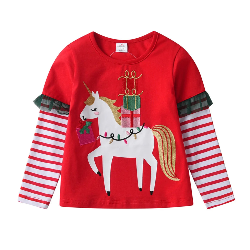 Girls Xmas Christmas New Year Christmas T Shirt Kids Licorne Cartoon Striped Cotton Tops and Tees Kids Party Casual Tees Giff