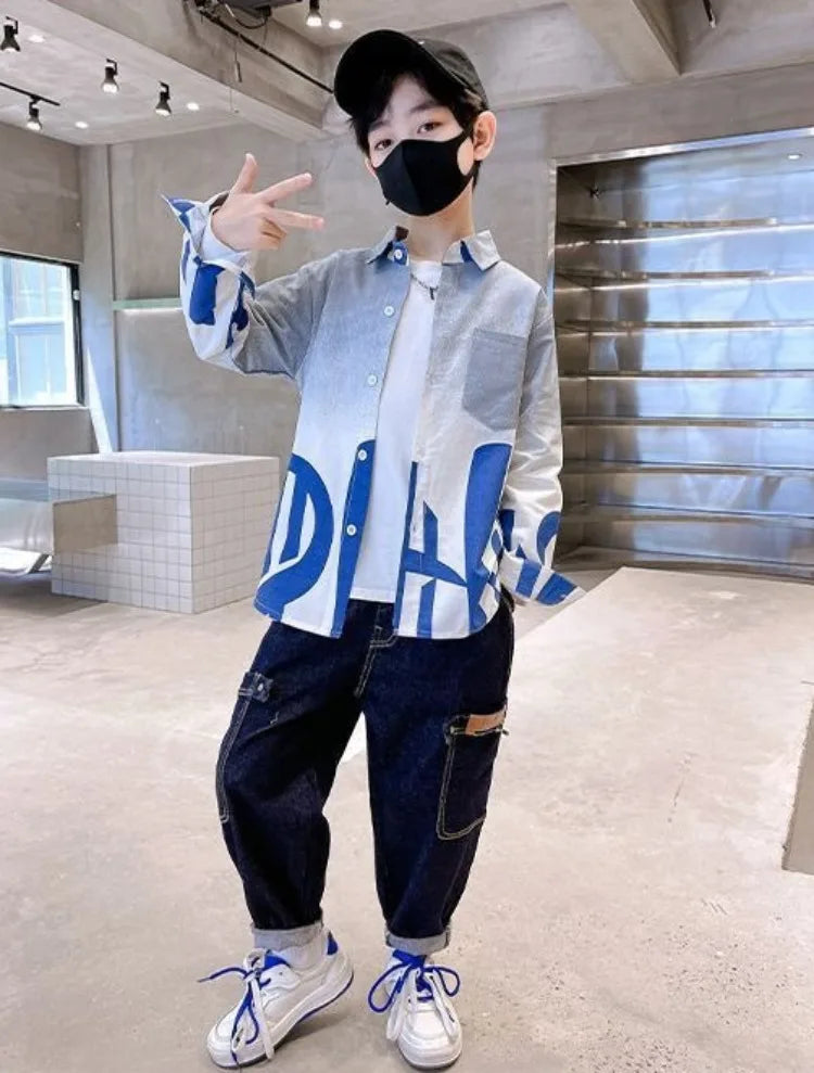 2025 Trendy Tween Boys Gradient Shirt Spring Autumn Summer Kids Clothing Hot Sale Unique Fashion Design