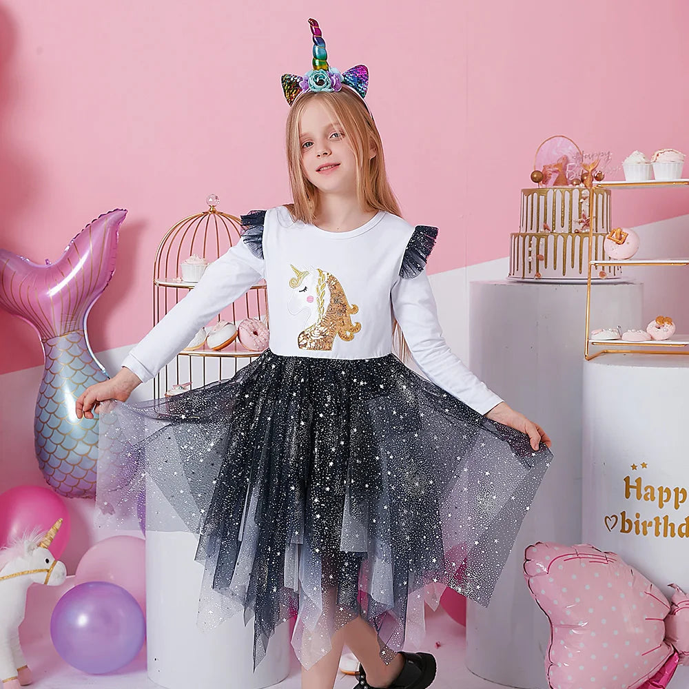 VIKITA Kids Licorne Sequins Appliqued Dress Girls Flare Sleeve Autumn Spring Patchwork Shiny Irregular Tutu Princess Dresses