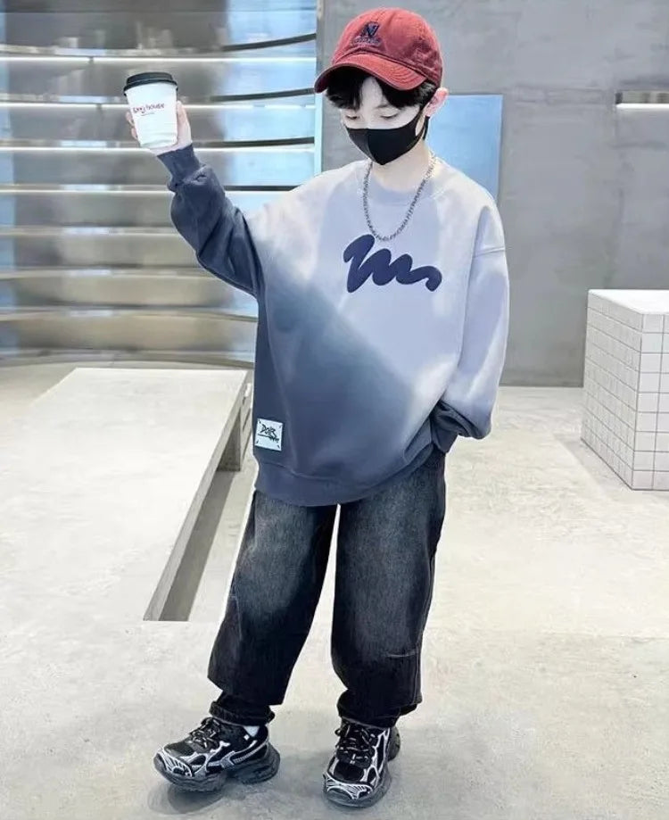 Boys' Medium-Large 2025 Autumn/Winter Trendy Fleece-Lined & Thickened Warm Loose Fit No Hood Sweatshirt