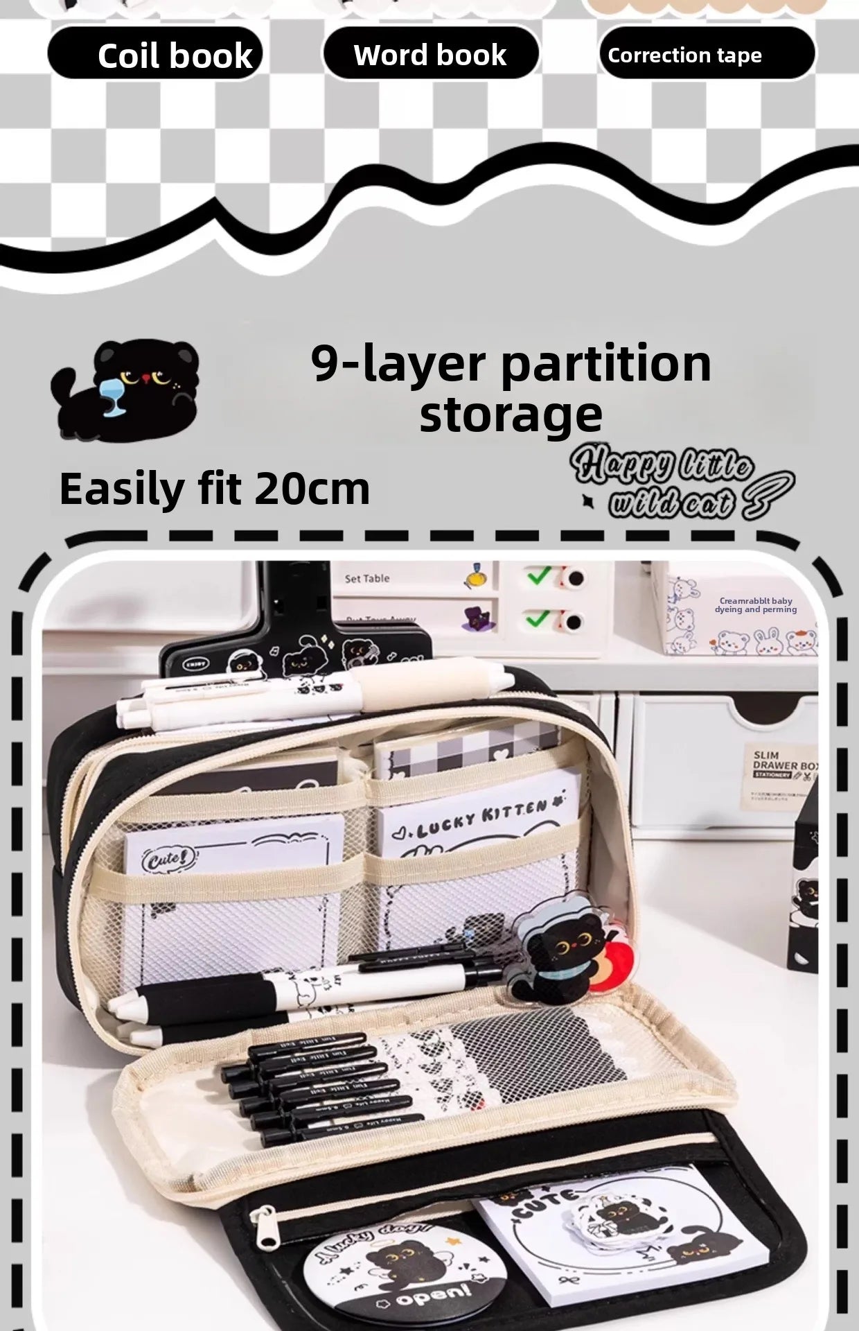 Black Kitten Stationery Set - Cute Cat School Supplies for Students, Aesthetic Pen & Pouch Back-to-School Kit