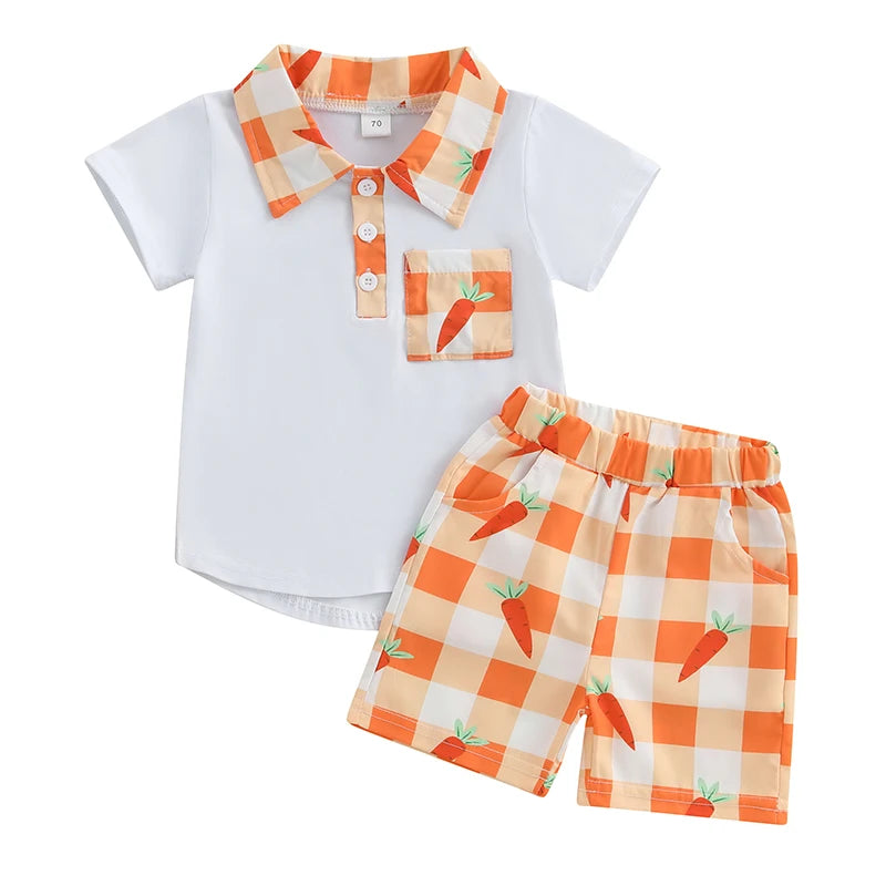 Boys Stylish Plaid Outfit Set with Short Sleeve Lapel Neck Half Button-up Top and Elastic Waistband Shorts for Summer