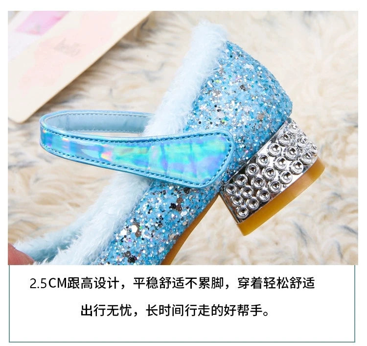 Disney Elsa Girls' High Heel Bowknot Blue Pink Fashion Children's Girl Crystal Princess Warm Winter Shoes Gift Size 23-36