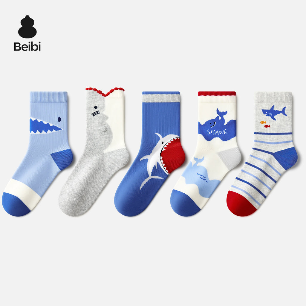 Beibi 5-Pair Pack Girls' Mid-Calf Socks Big Mouth Shark Design All-Season Use Suitable for Children 4 Years and Up