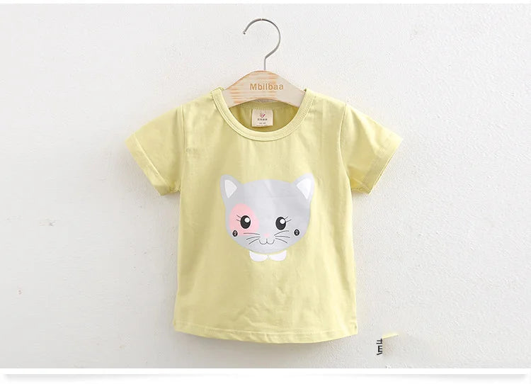 2025 Summer 2 3 4 6 8 10 Years Children Cotton Cartoon Star Bird Cat Rabbit Animal Print Short-Sleeve T-Shirt For Kids Baby Girl