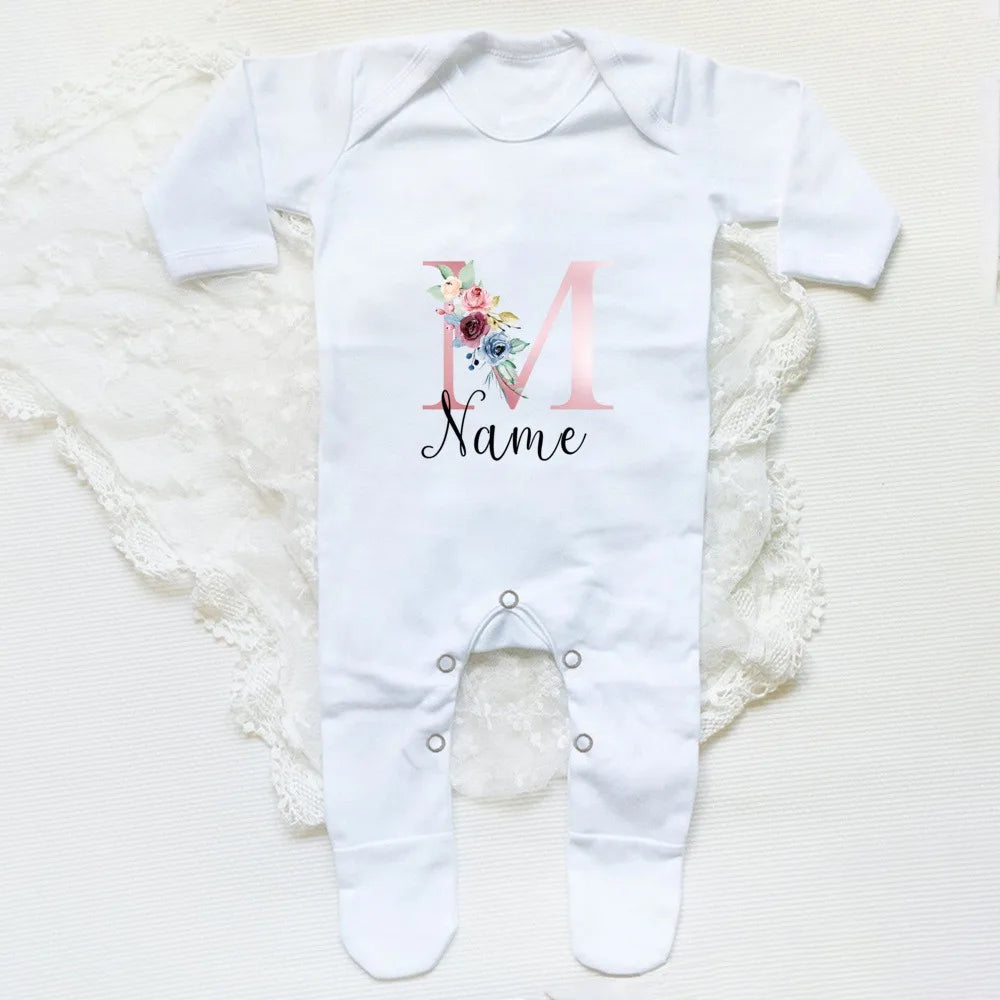 Personalised Babygrow Sleepsuit Flower Initial Infant Romper Baby Coming Home Outfit Newbron Shower Gift Baby Girls Sleepsuit