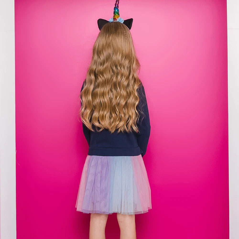 VIKITA Girls Sweater Dress Children Cotton Casual Patchwork Dress Kids Mermaid Appliqued Princess Cartoon Party Fashion Dresses