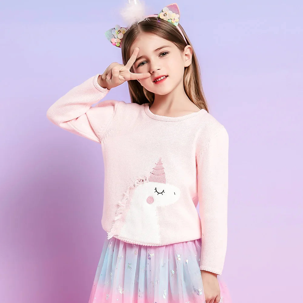 VIKITA Teengers Girls Sweater with Unicorn Kids Round Neck Autumn Spring Cozy Casual Pink Outfits Sweaters Children Clothing