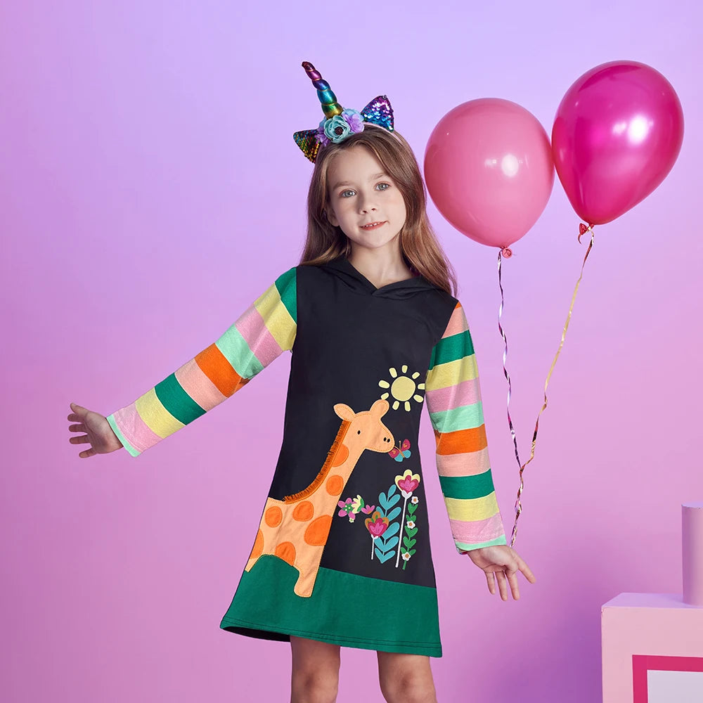 DXTON Girls Sporty Hooded Dress Rainbow Striped Children Dress Floral Giraffe Applique Animal  Winter Baby Toddler Casual Dress