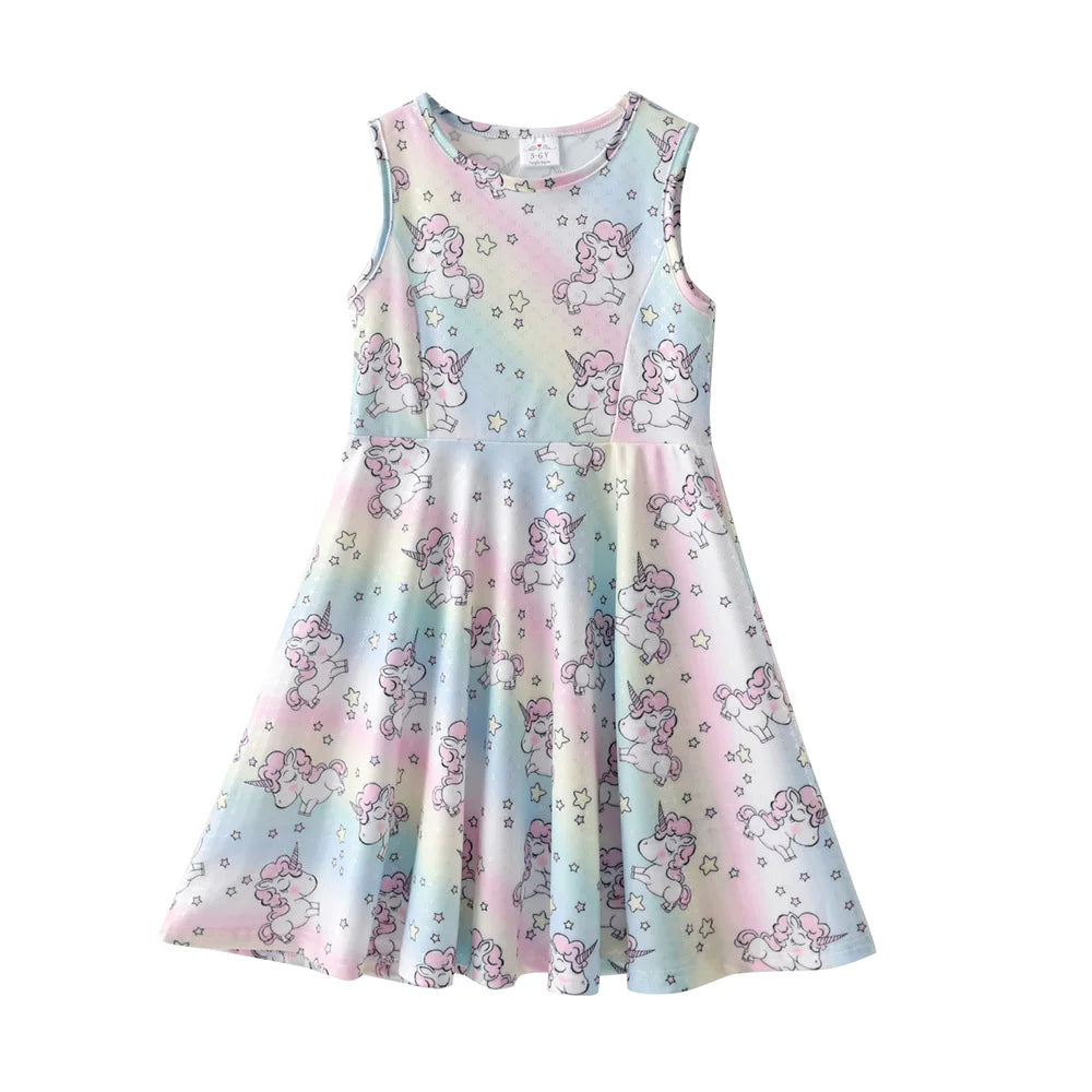 VIKITA Girls Licorne Rainbow Star Print Dress Kids Summer Sleeveless Polyester Beach Vacation Party Casual Princess Dresses
