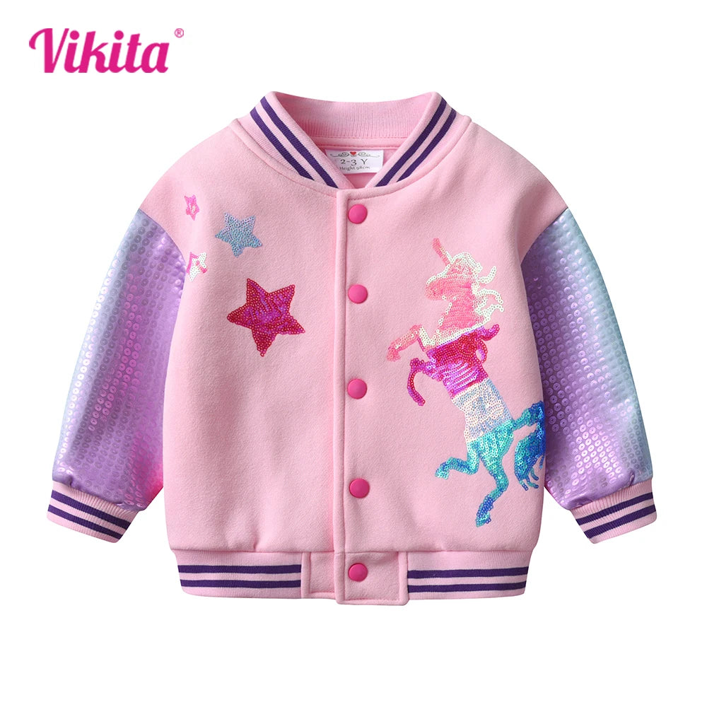 VIKITA Girls Baseball Jacket Teenagers Sports Casual Outerwear Autumn Winter Unicorn Star Sequins Appliqued Thick Warm Jackets
