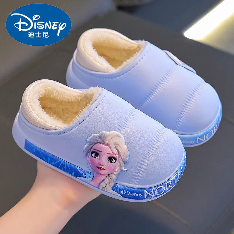 Disney Princess Elsa Girls' Cotton Frozen Winter Waterproof Wool Slippers Cartoon Parent Children's Blue Slippers Size 24-36