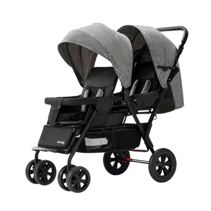 Large Double Stroller Sit Lying Foldable Portable Front & Rear Seat with Adjustable Backrest Canopy Double Brake Storage Basket