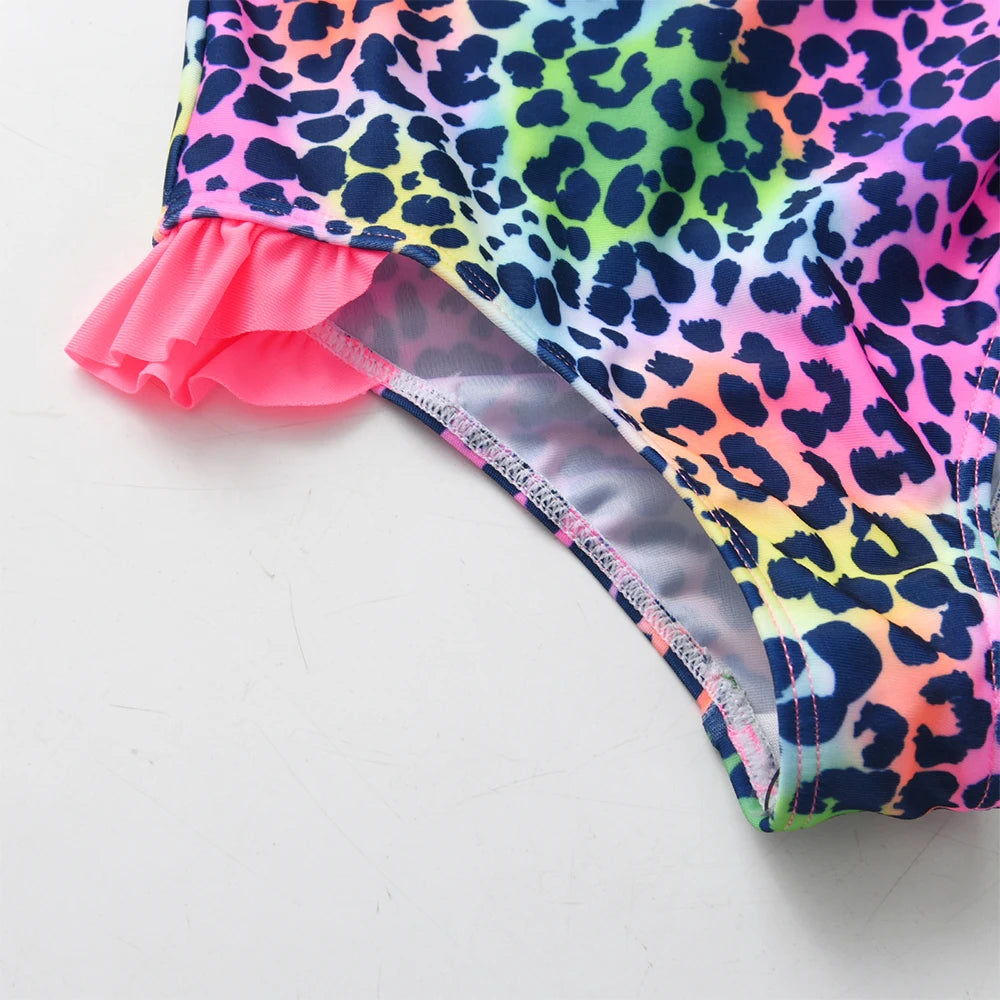 VIKITA Girls Swimming Suits One Piece Swimsuit Leopard Cartoon Kids Swimming Wear Colorful Children Summer Beach Suits Clothing