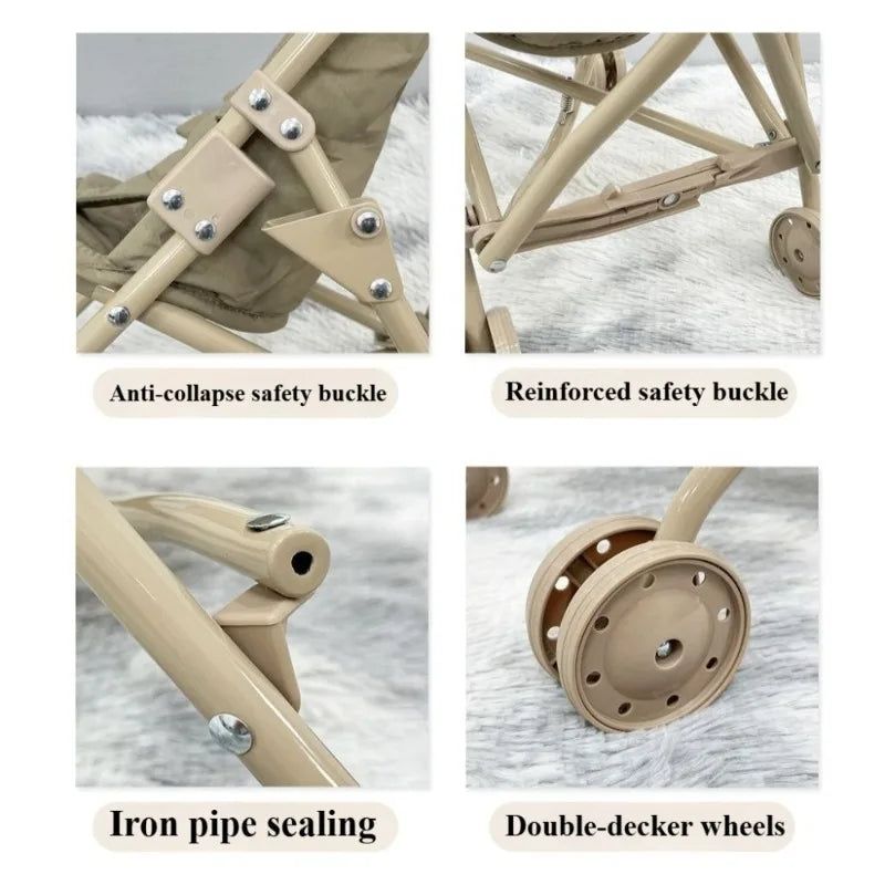 Folding Umbrella Doll Stroller for Girls Soft Embroidery with Sturdy Metal Frame Pretend Play with Dolls Christmas Gift for Kids