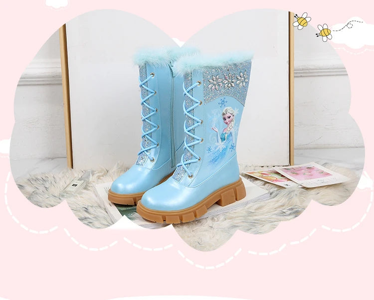 Disney Girls' Princess Elsa Frozen Boots Children's Long Sleeve Boots Women's Cotton Winter Plush Thickened High Sleeve Boots