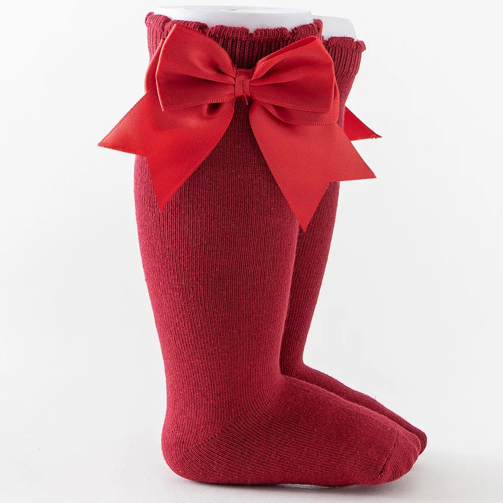 1 Pair Spanish Style Girls Socks Solid Color Big Bow 100% Cotton Baby Children Toddlers Long Socks Princess Knee High Socks