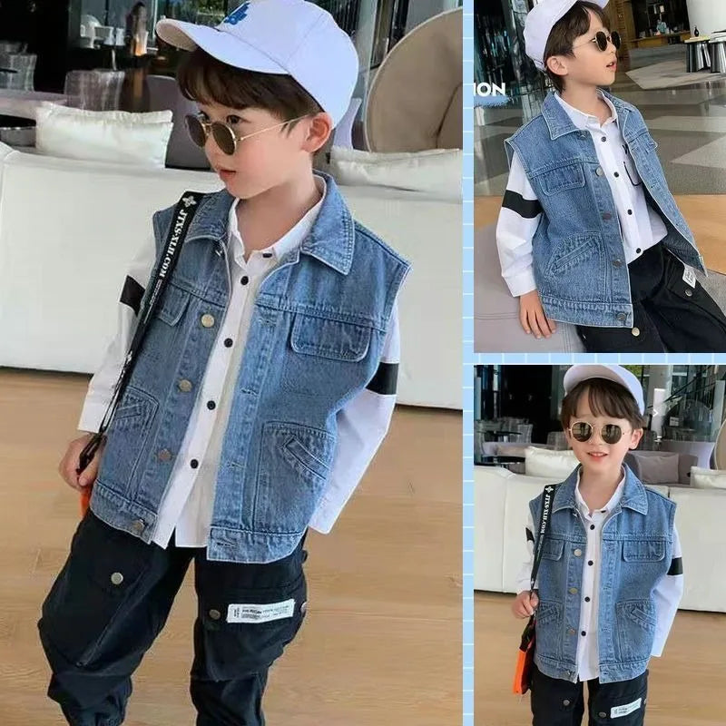 Kids Boys' Korean Style Denim Vest Jacket Spring Autumn Outerwear Versatile Stylish Kids' Clothing