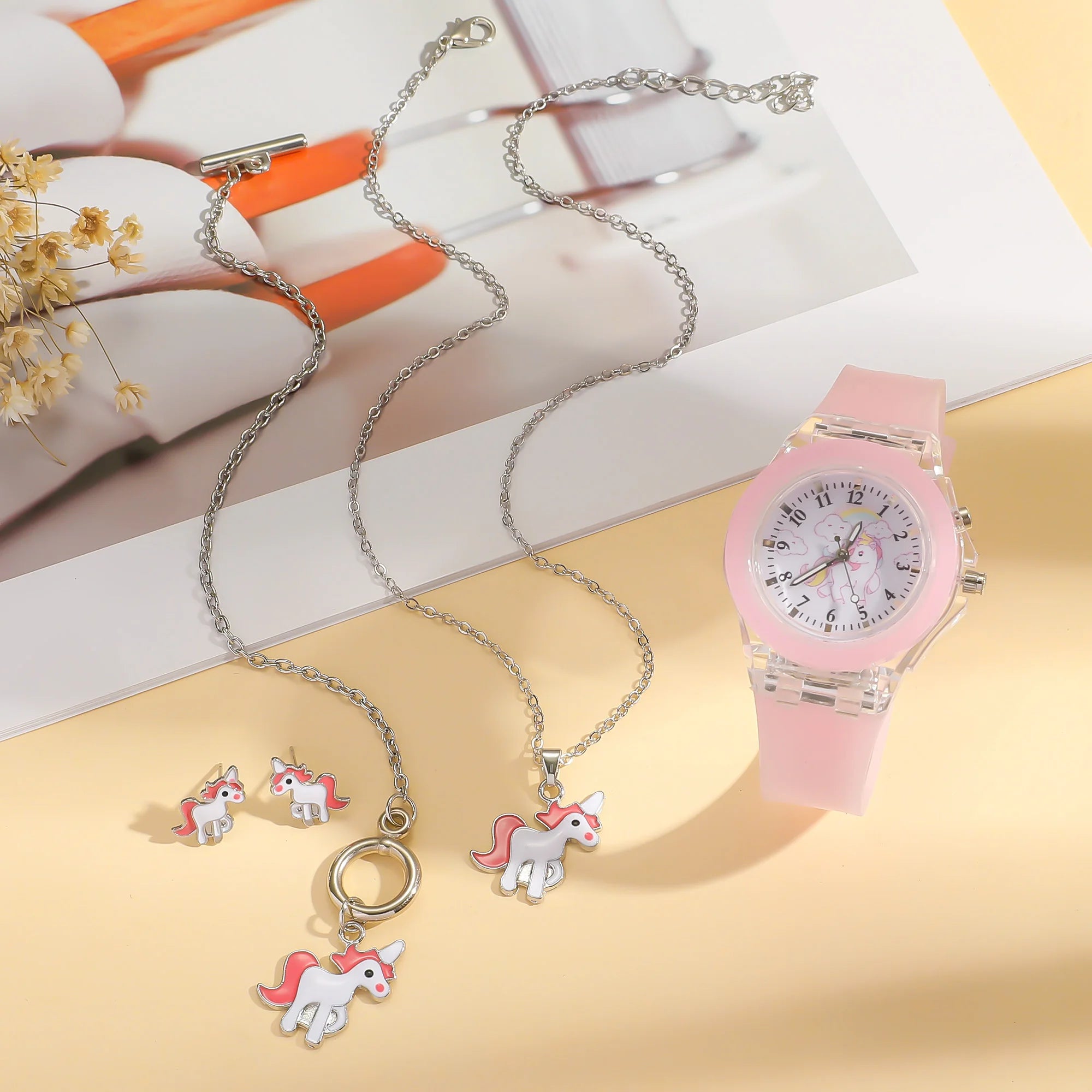 Fashion Exquisite Luminous Unicorn Series Silicone Watch + Unicorn Bracelet Set