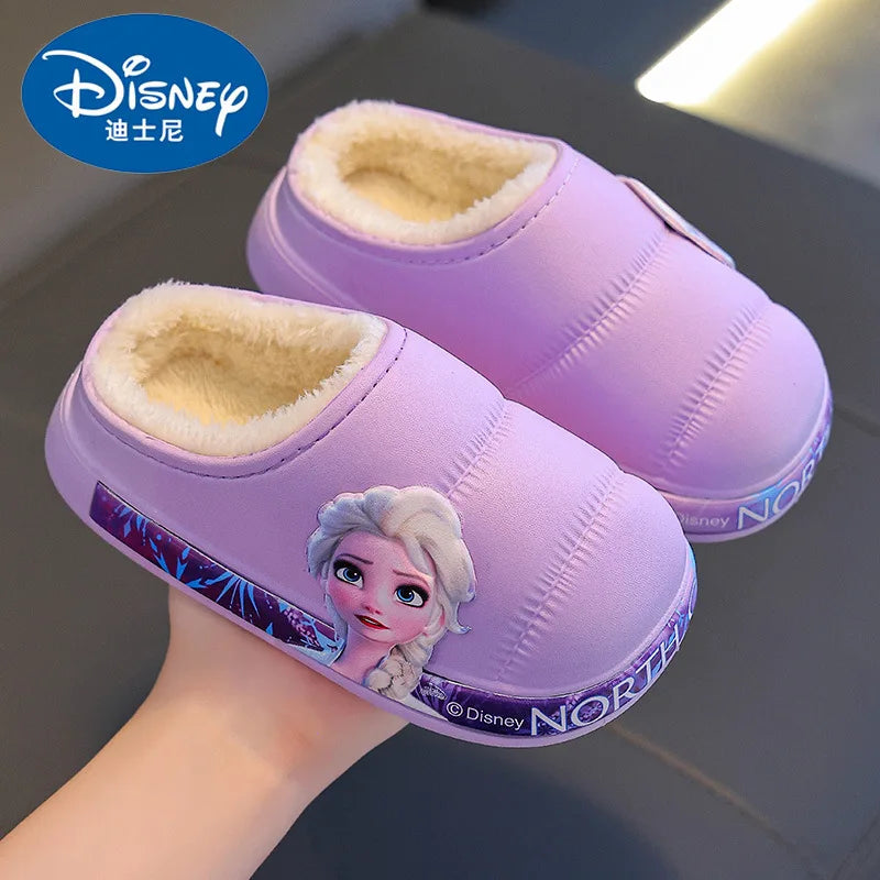 Disney Princess Elsa Girls' Cotton Frozen Winter Waterproof Wool Slippers Cartoon Parent Children's Blue Slippers Size 24-36