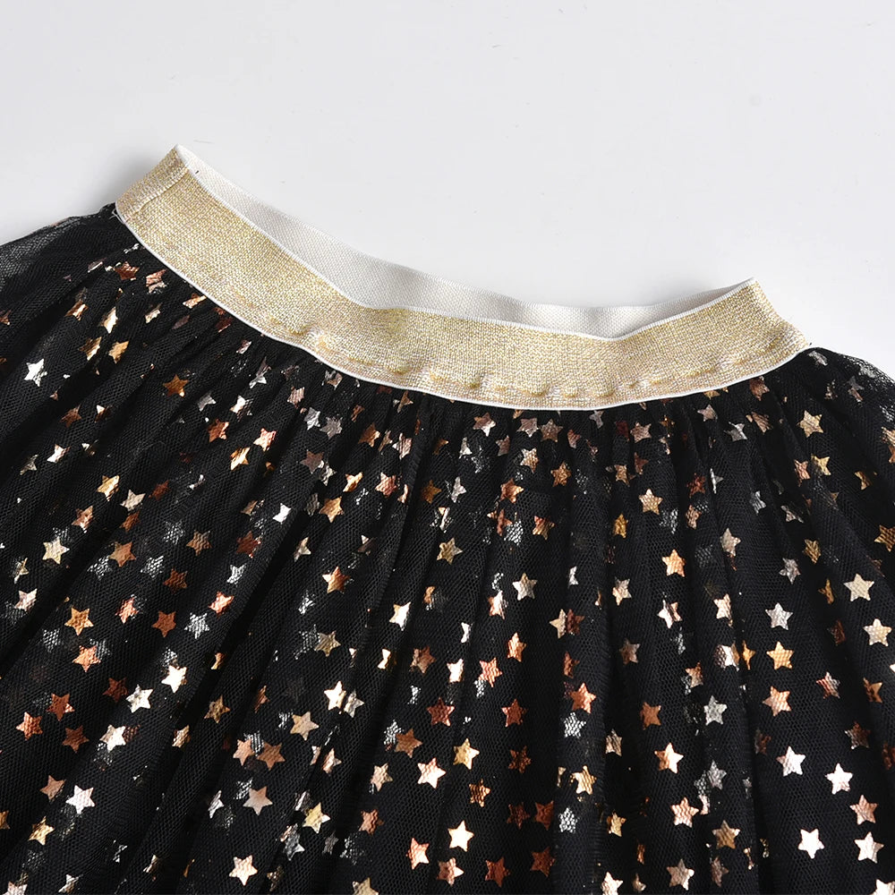 VIKITA Girls Golden Silvery Star Sequins Mesh Tutu Skirts Glittery Black Tulle Princess Party Dance Ballet Elegant Mini Skirt