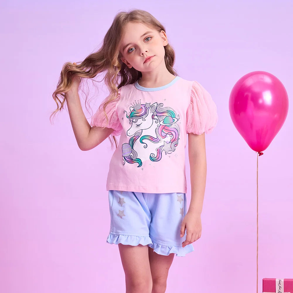 VIKITA Girls Clothing Sets for Summer Kids Unicorn Cartoon Print Short Sleeve Cotton T Shirt and Ruffles Shorts Pants 2 Pcs Suit