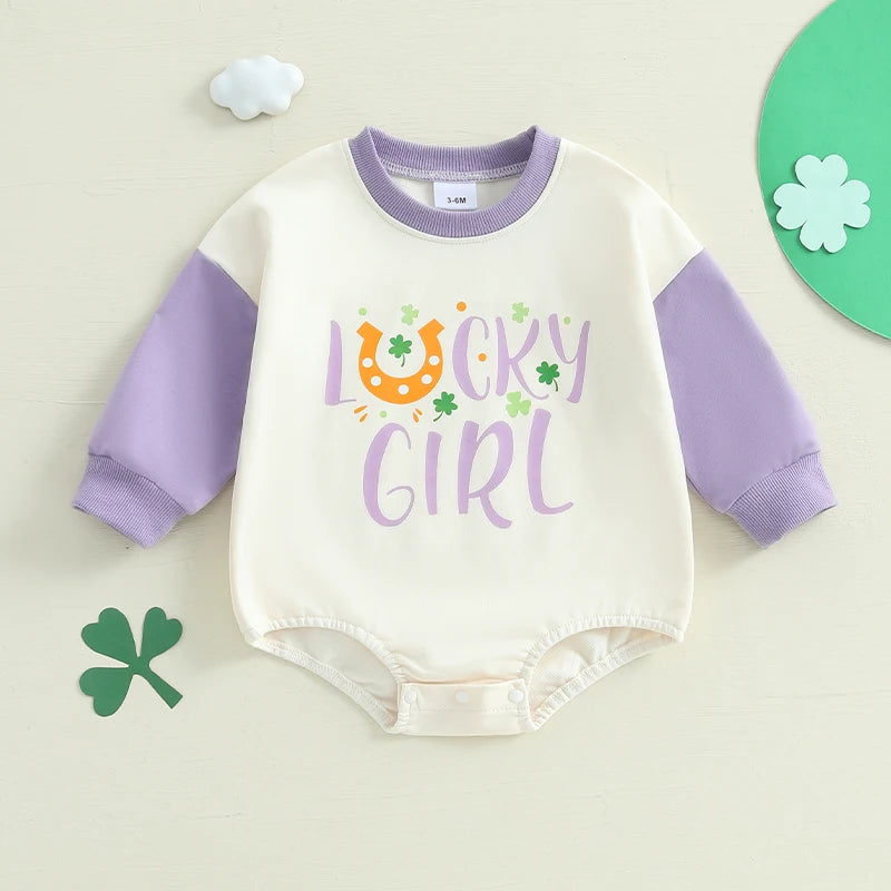 St Patrick s Day Toddler Jumpsuit Green Clover Print  Outfit Baby Romper Long Sleeve Crew Neck Bodysuit