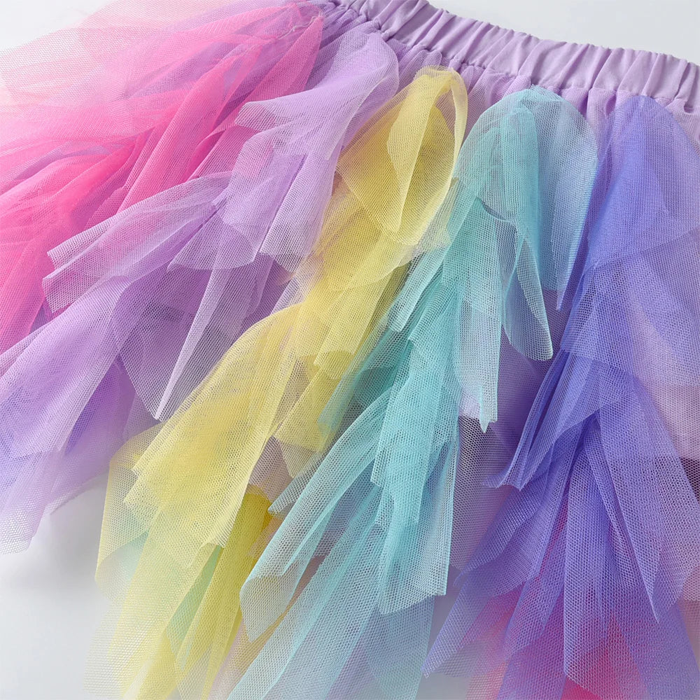 VIKITA Girls Rainbow Multicolor Tutu Skirt Kids Colorful Tulle Ballet Dance Princess Party Layered Mini Skirt 3-10Y Cute Outfit