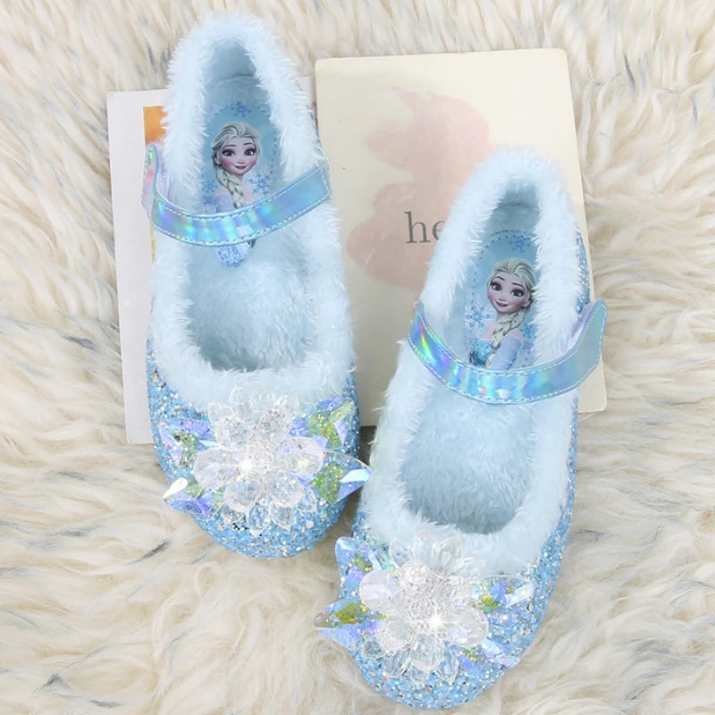 Disney Girls' Plush Slippers Frozen Cute Children's Princess Elsa Winter Cotton Slippers Baby Snow Home Pink Blue Shoes Size 23
