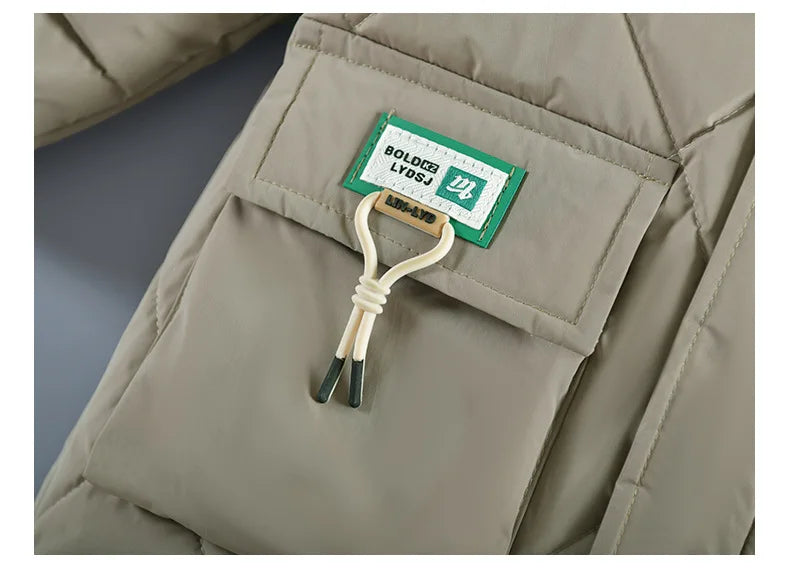 New Winter Boys Jacket Long Style Letter Print Thick Warm Hooded Coat Fur Collar Down Cotton Outerwear For 4-10 Years Kids