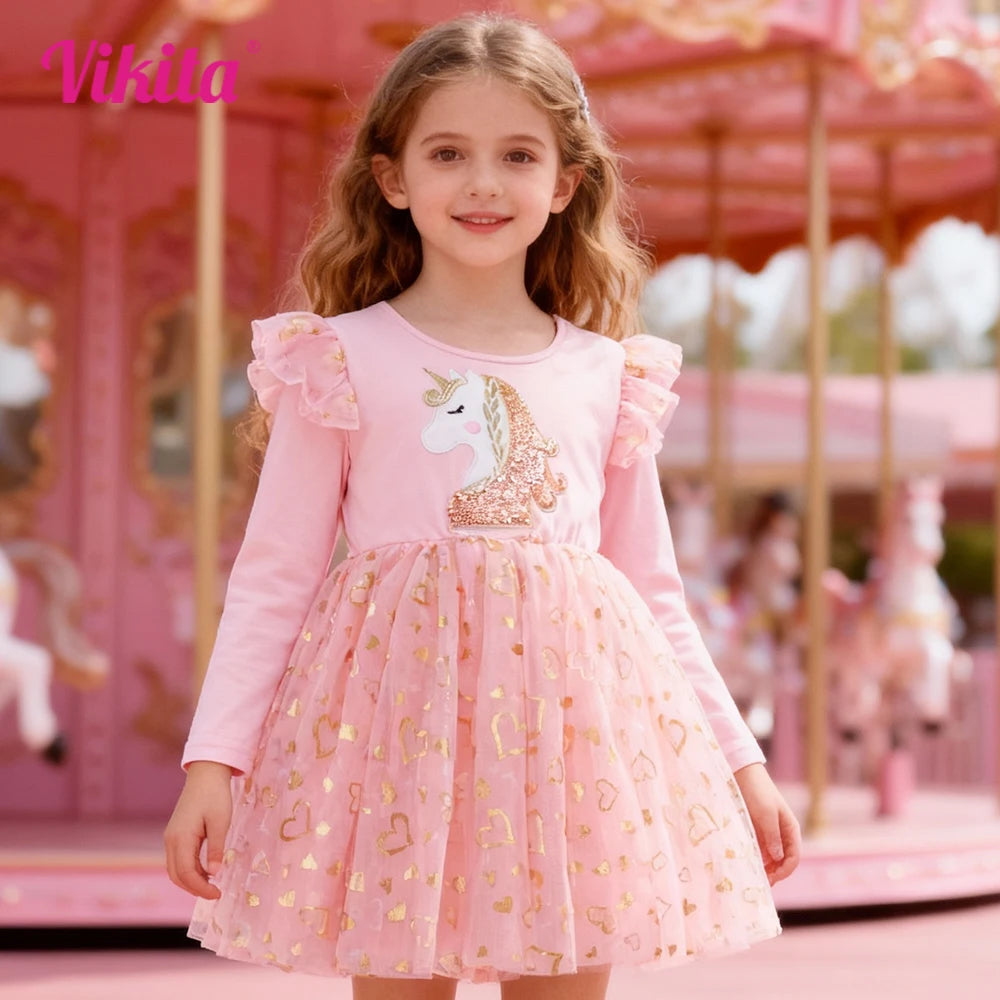 VIKITA Girls Pink Long Sleeve Dress Girls Heart Shape Print Princess Dresses Toddlers Tulle Mesh Festive Casual Wear Costumes