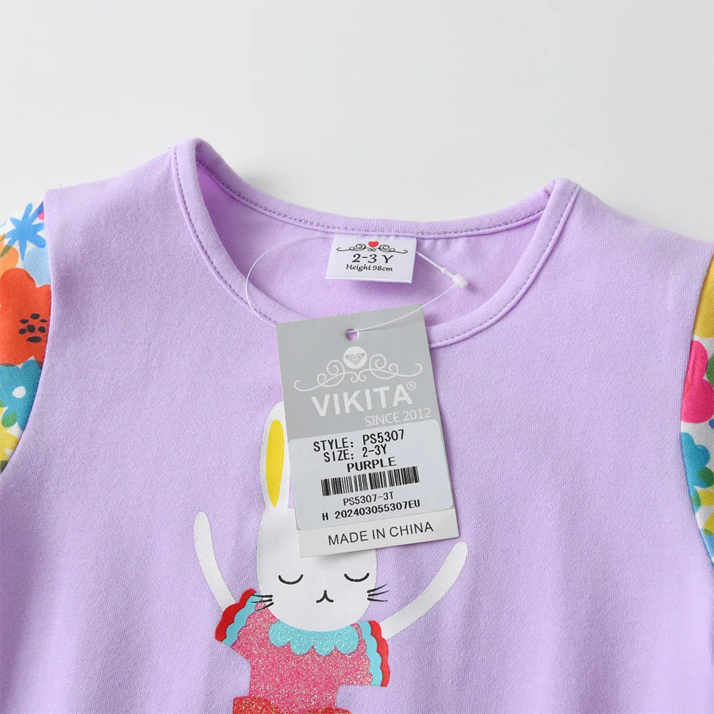 VIKITA Girls Clothing Sets for Summer Kids Rabbit Floral Print Cotton Short Sleeve T Shirt and Pants 2 Pcs Suit Clothes Sets